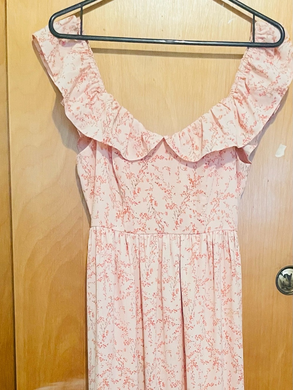 She + Sky Light Pink Floral Ruffle-Trim Maxi Dress